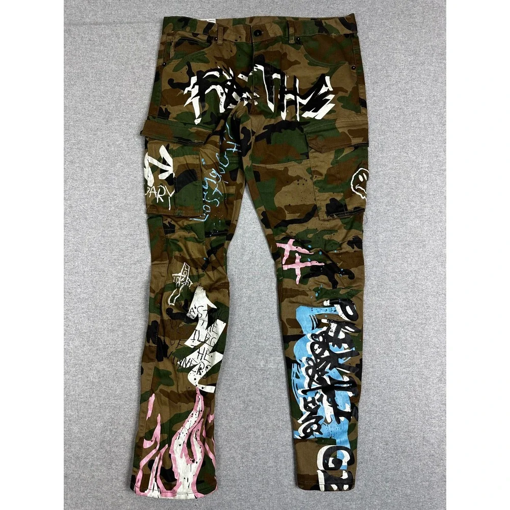 Smoke Rise Cargo Pants Mens 36x32 Camo Graffiti Streetwear Slim Fit